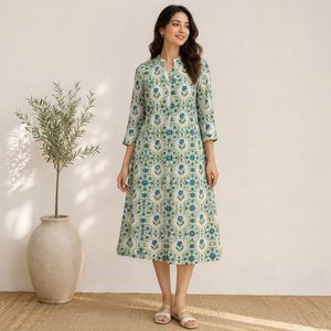 Vestido Midi Casual de Algodón 100%, Tejido Transpirable con Estampado Floral, Corte en A, Cuello en V, Manga Tres Cuartos, para Primavera - Product Image 1