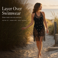 Robe de plage en crochet pour femme, personnalisée OEM ODM, col halter, ourlet à franges, accents coquillages, semi-transparente, cache-maillot de bain