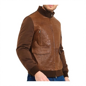 Luxury Vintage Style Winter Motorcycle <b>Jacket</b> Brown Crocodile Embossed Leather Outerwear <b>Men's</b> Fashion <b>Jacket</b> - Product Image 1