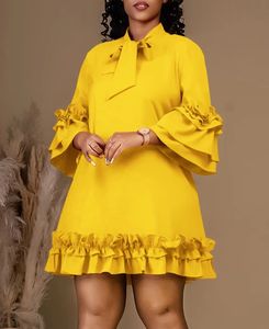 HANOU nouvelle mode chaude lâche couleur unie bords effilochés à manches longues élégant <span class=keywords><strong>Pile</strong></span> up manches cravate à volants <span class=keywords><strong>Midi</strong></span> droite tenue décontractée - Product Image 1