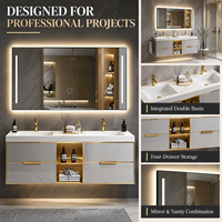Meuble-lavabo de salle de bain moderne suspendu en marbre, ensemble double vasque avec lavabo et miroir LED pour projets hôteliers