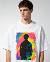 T-shirt blanc pour homme, 100% coton épais, imprimé DTG effet soleil délavé, style streetwear graffiti hip-hop, avec impression Kornit personnalisée