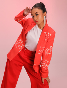 Coral Pink Printed <b>Blazer</b> with Floral Abstract Pattern Long Sleeve Tailored Jacket Premium Structured Fabric Elegant <b>Blazer</b> - Product Image 5