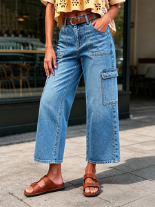 Jeans Cargo da Donna a Vita Alta con Tasche Multiple, Pantaloni in Denim Vintage Larghi e Dritti, Modello 8 Punti - Product Image 3