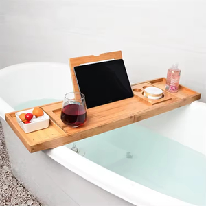 Bamboo Telescopic Kitchen Caddy Extendable <strong>Bath</strong> Tray Storage Rack Wine Phones Tablets Standing Type Single Tier - Product Image 1