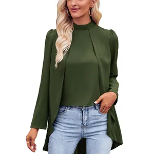 Fashion lady clothes long sleeve stand collar solid texture fabric irregular hem one piece shirt front short back long top