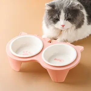 Luxury tilted cat feeding double bowl anti ant elevated adjustable Kitty city raised food pet ceramic cat bowl