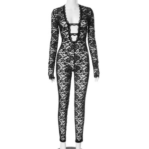 Combinaisons en maille noire transparente Sexy Lady à manches longues pour soirée Porter en soirée Décolleté profond Bodycon Combinaisons pour femmes - Product Image 6