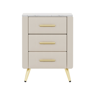 Upholstered Nightstand With 3 Drawers Metal Legs And Handles <b>Marbling</b> Top Beige <b>Bedside</b> <b>Table</b> - Product Image 5