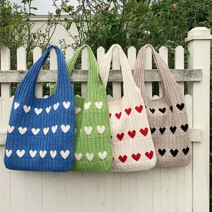2024 Valentines Day Gifts Love Heart Knitted Shoulder Bag Woven Crochet Hand Tote Bag
