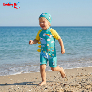 Traje de baño de secado rápido para niños, manga corta, estampado de dinosaurio, protección solar, traje de baño de una pieza con gorro de natación - Product Image 1