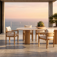 Ensemble de salle à manger d'extérieur en teck naturel durable, table de patio résistante aux intempéries et 6 chaises, anti-UV, imperméable
