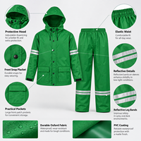 Combinaison de pluie verte pour adulte, veste et pantalon à capuche en PVC Oxford avec bandes réfléchissantes doubles, poignets élastiques, équipement de pluie pour l'extérieur