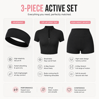 Ensemble de yoga 3 pièces : veste zippée, short taille haute et bandeau assorti |   Tissu extensible léger et respirant