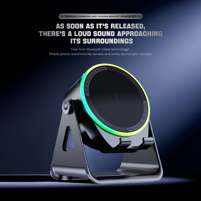 3-in-1 Speaker Stand with RGB Light 15W Fast Charge, Bluetooth 5.3 360° Rotatable Phone Tablet Holder