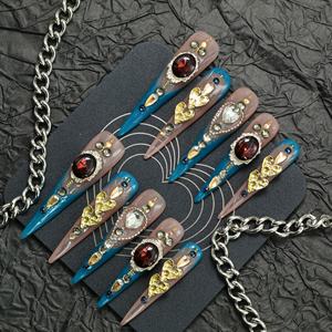 Prix usine de gros Faux ongles de luxe faits à la main en acrylique à presser, avec strass, forme carrée, motif French manucure 3D à couverture complète - Product Image 1