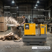 Compresseur d'air rotatif à vis silencieux tout-en-un 15KW 20HP 1,9-2,5 M3/min, 67-88 Cfm, 7-13 bar pour le travail du bois et la fabrication de meubles