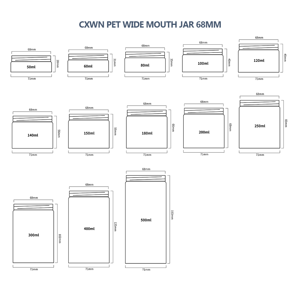100ml 150ml 200ml 500ml Clear PET Round Wide Mouth Plastic Jars 2 oz 6oz 16oz Powder Butter Cream White Jar with Black Lids Seal