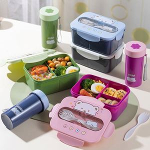 Microwaveable Plastic Bento <b>Lunch</b> Box <b>Set</b> Cute School Student Office Worker <b>Lunch</b> Box with Lids Includes Water Bottle - Product Image 2