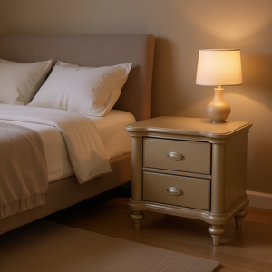 Comodino color champagne con 2 cassetti, piano in legno, mobile tradizionale per camera da letto - Product Image 2