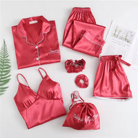 Ensemble de pyjama en satin polaire pour femmes, ensemble de 7 pièces pour la maison avec taille élastique, manches longues, couleur unie, logo sur le devant