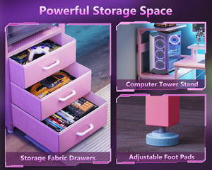 <span class=keywords><strong>Bureau</strong></span> de jeu rose <span class=keywords><strong>avec</strong></span> ports de charge USB et éclairage LED, <span class=keywords><strong>bureau</strong></span> d'ordinateur réversible, table de jeu moderne <span class=keywords><strong>avec</strong></span> tiroirs en tissu - Product Image 6