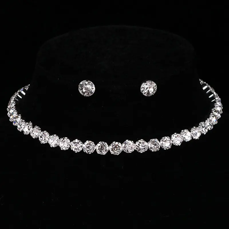 DAIHE set-3375 Simple fila única flash diamante collar pendientes dos piezas boda para mujer jeweley