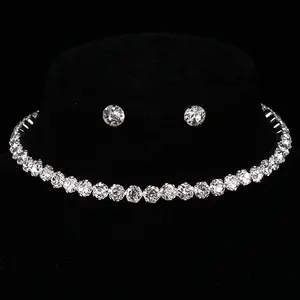 DAIHE set-3375 Simple single row flash diamond collar necklace earrings two-piece wedding for women jeweley
