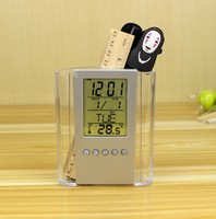 Porte-stylo transparent multifonctionnel avec affichage de l'heure, calendrier électronique perpétuel et impression de logo personnalisable
