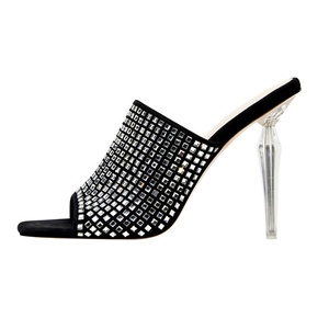 Bling Rhinestone Wedding Sandals Crystal Thin High Heel Open Toe Slides <b>Black</b> Women's Shoes Big Size 46 - Product Image 1
