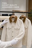 Jaket Denim Wanita Warna Putih Gading dengan Kerah Korduroi Kontras, Empat Kantong Tempel, Kancing Depan, Model Longgar, Warna Krem