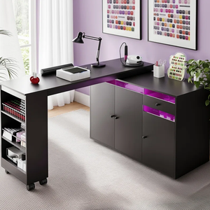 Table de manucure en forme de L avec collecteur de poussière, bureau à ongles avec armoire de rangement, poste de travail à ongles rotatif et convertible avec lumière LED - Product Image 1
