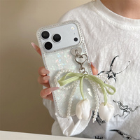 Coque de téléphone transparente effet nacré avec ruban en soie et nœud tulipe Spring Cottage pour iPhone 18 17 Pro Max 16 15 14