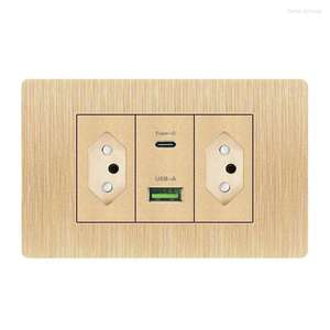 Prise murale USB en PC doré brossé, norme brésilienne, panneau de prise électrique, type 118, prise murale 6 broches - Product Image 1