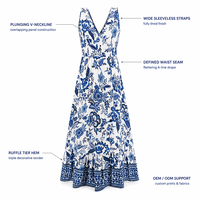 Robe longue florale pour femme, col en V, sans manches, bleu et blanc, logo personnalisé, marque privée, faible MOQ, OEM, ODM, vente en gros