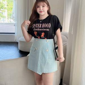 Minifalda Vaquera de Cintura Alta Runqi N7583, Tallas Grandes para Mujer, Color Sólido, Tela de Algodón, Tallas M, L, XL - Product Image 3