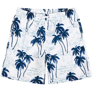 Short de bain décontracté pour homme à imprimé palmiers, séchage rapide, avec cordon de serrage, motif blanc et bleu, taille mi-haute, longueur courte - Product Image 1