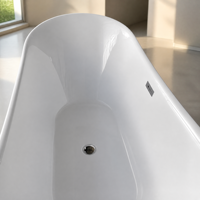 Baignoire autoportante en acrylique avec renfort en fibre de verre, intérieur blanc mat, extérieur bleu, avec trop-plein et vidange escamotable