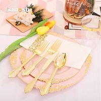 SANOSH 175 pièces Assiettes jetables en plastique de plusieurs couleurs avec bord doré, cuillères, couteaux, fourchettes, serviettes et gobelets pour mariage et fête
