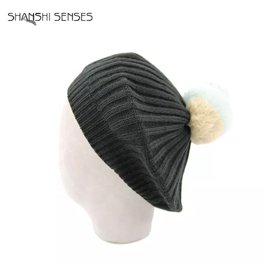 Оптовая продажа, Женские однотонные вязаные акриловые береты на заказ с отделкой из кроличьего меха