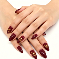 Faux ongles à presser rouge bordeaux avec feuille d'or, forme stiletto et amande, faits à la main, marque privée, vente en gros