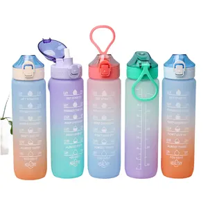 HJ OEM สีไล่ระดับสีอินสไตล์ที่กําหนดเอง BPA ฟรีถ้วยดื่มพร้อมที่จับ 1L ขวดน้ํากีฬาพลาสติกขายส่ง