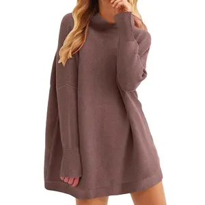 Pullover sweter wanita, Turtleneck Lengan Batwing, ukuran besar bergaris gaun rajut longgar kasual wanita