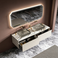 Meuble-lavabo double moderne classique gris clair en acier inoxydable de 1800 mm avec plan de travail en pierre et miroir LED intelligent, écologique