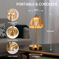 Lampe de table vintage rechargeable en verre, sans fil, à intensité variable, en forme de fleur, fonctionnant sur batterie, pour chambre à coucher, restaurant, intérieur