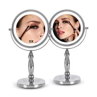 Miroir de maquillage à double face avec éclairage LED, finition chromée argentée Art Déco, commande tactile, grossissement 5X