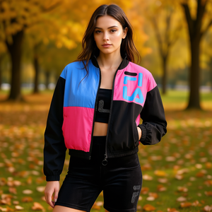 Chaqueta Bomber Ligera para Mujer Fila, Diseño Color Block Rosa y Azul, Cortavientos de Nailon con Cierre de Cremallera, Estilo Deportivo de Moda Otoñal - Product Image 2