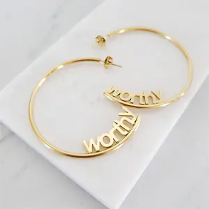 Custom Waardig Gezegend Gekozen Brief Mantra Sieraden Zilver Goud Rvs Grote Open Cirkel Hoop Earring Vrouwen Vrouwelijke Oorbel