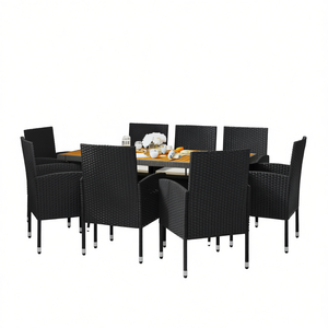 Conjunto de Comedor Rectangular Moderno para Exteriores, 8 Plazas, Muebles de Jardín de Ratán, Mesa y Sillas de Patio con Estructura de Metal Negro - Product Image 1