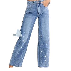 <span class=keywords><strong>Jean</strong></span> en denim pour <span class=keywords><strong>femme</strong></span> à jambe droite orné de perles, respirant, délavé foncé, de luxe, coupe décontractée ample - Product Image 3
